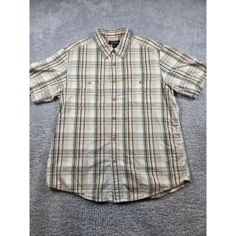 Outdoor Life Button Up Shirt L Tan Brown Mens Plaid‎ Short Sleeve Cotton Rugged